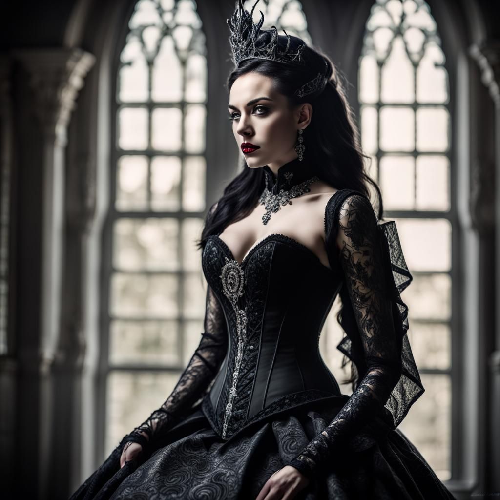 Gothic Dark Queen on Silver Throne in Haute Couture