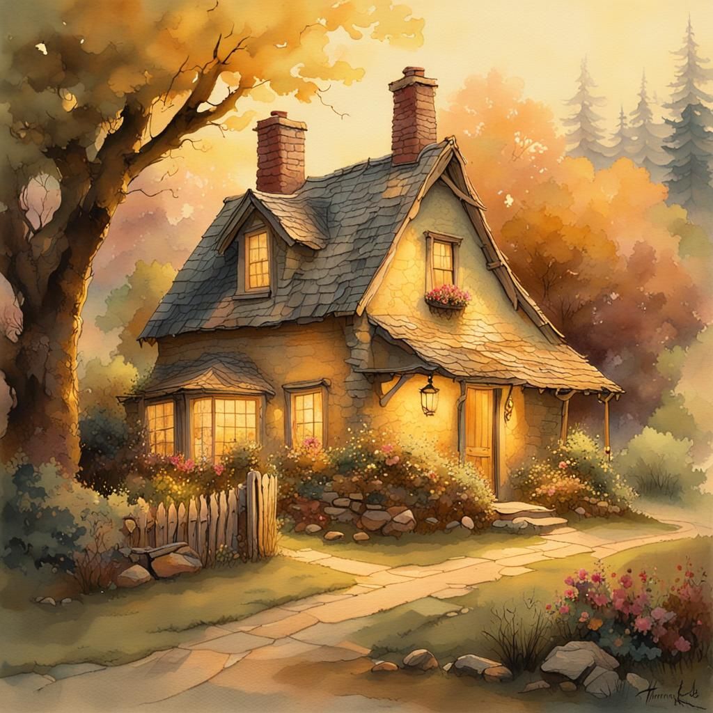 Golden Light on a Whimsical Village Cottage