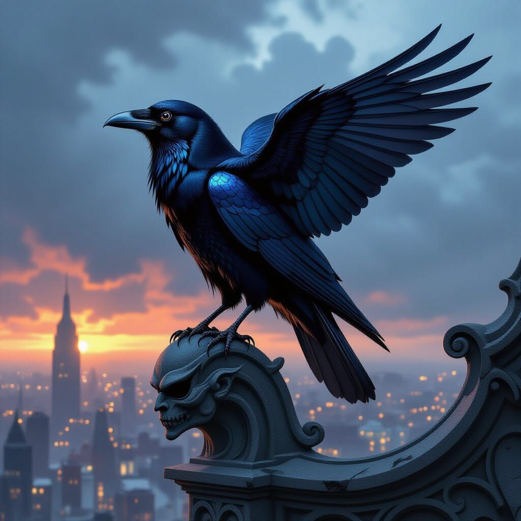 Raven with Beetle Wings on Gargoyle in Stormy City