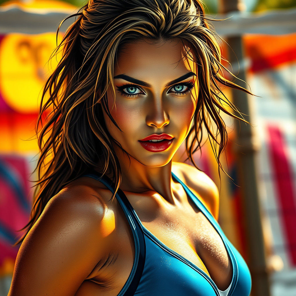 Hyperrealistic Beach Volleyball Player in Splash Art Style