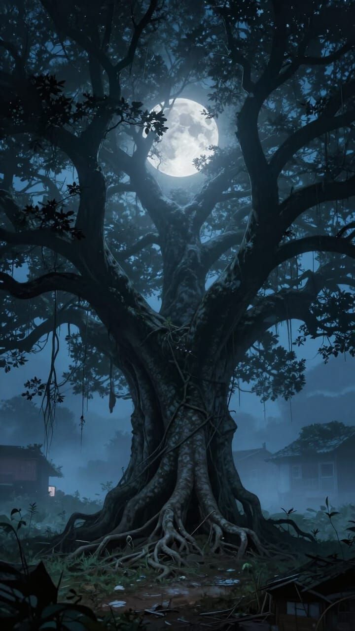 Ancient Banyan Tree in Eerie Fog Under Full Moon