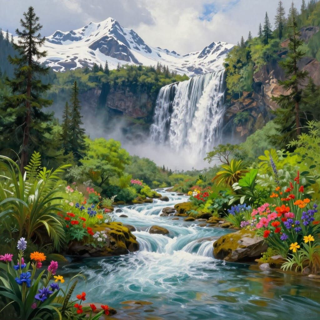 Majestic Waterfall from Snowy Peaks to Lush Riverbanks