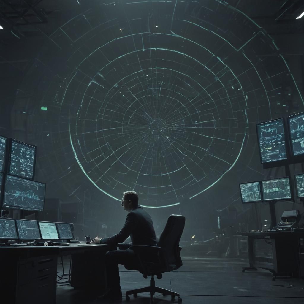 High-Tech Hangar Scene with Radar Array in Film Still
