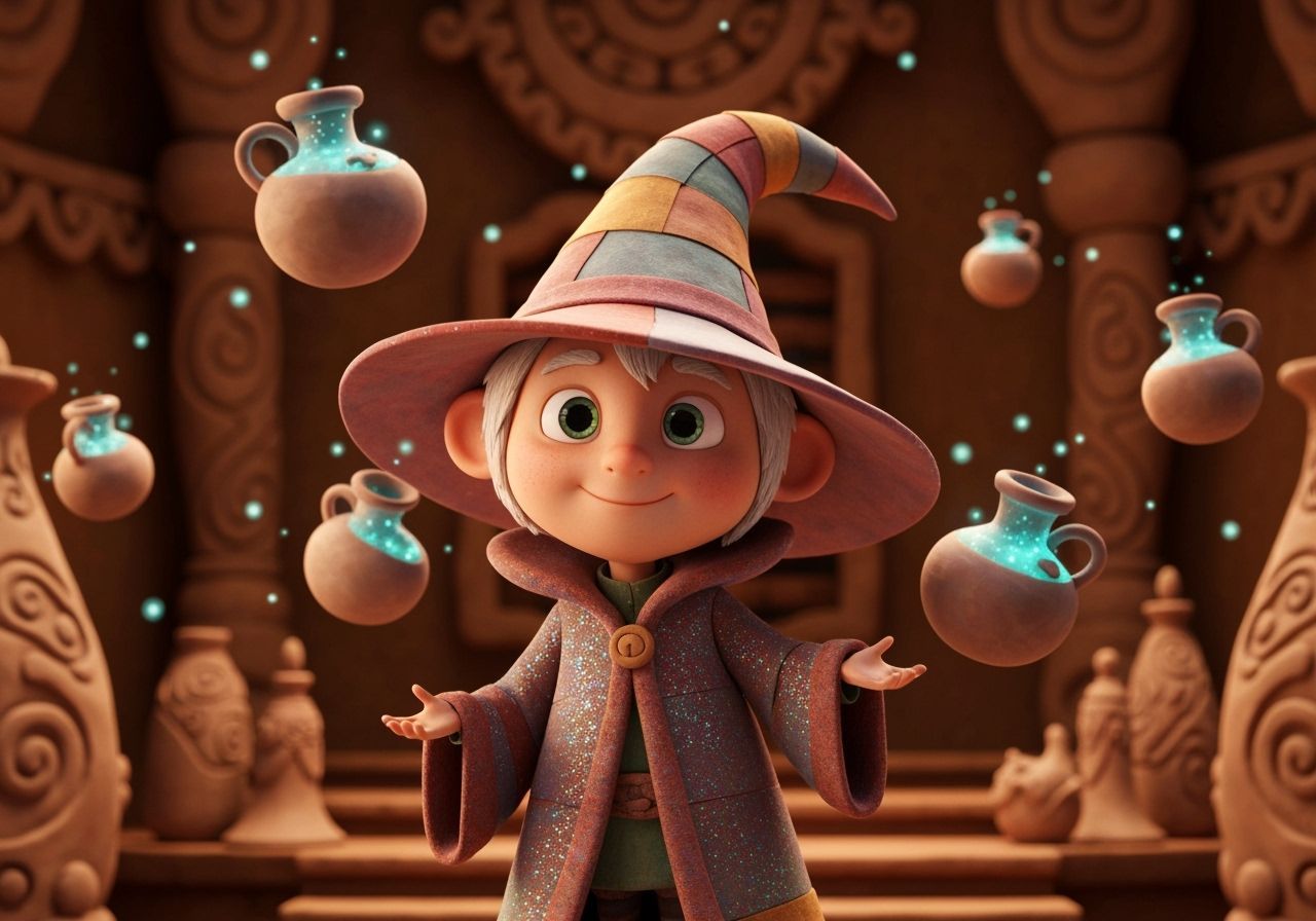 Whimsical Clay Wizard with Magical Potions