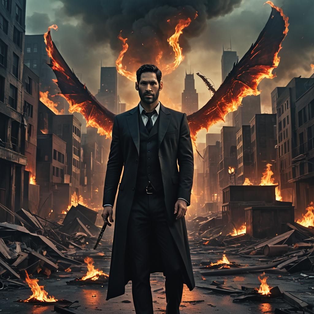Lucifer Morningstar in Burning Cityscape: Dark Fantasy Illus...