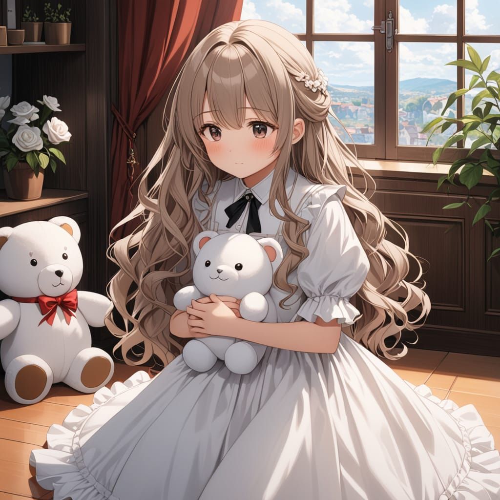 Cute Girl Hugs Plushie in Elegant White Dress