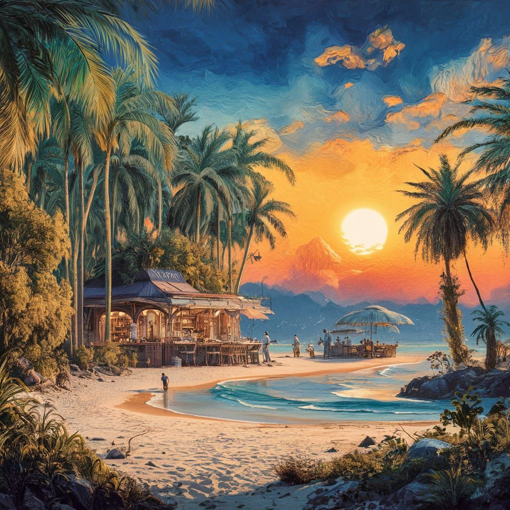 Tropical Beach Sunset in Van Gogh Style