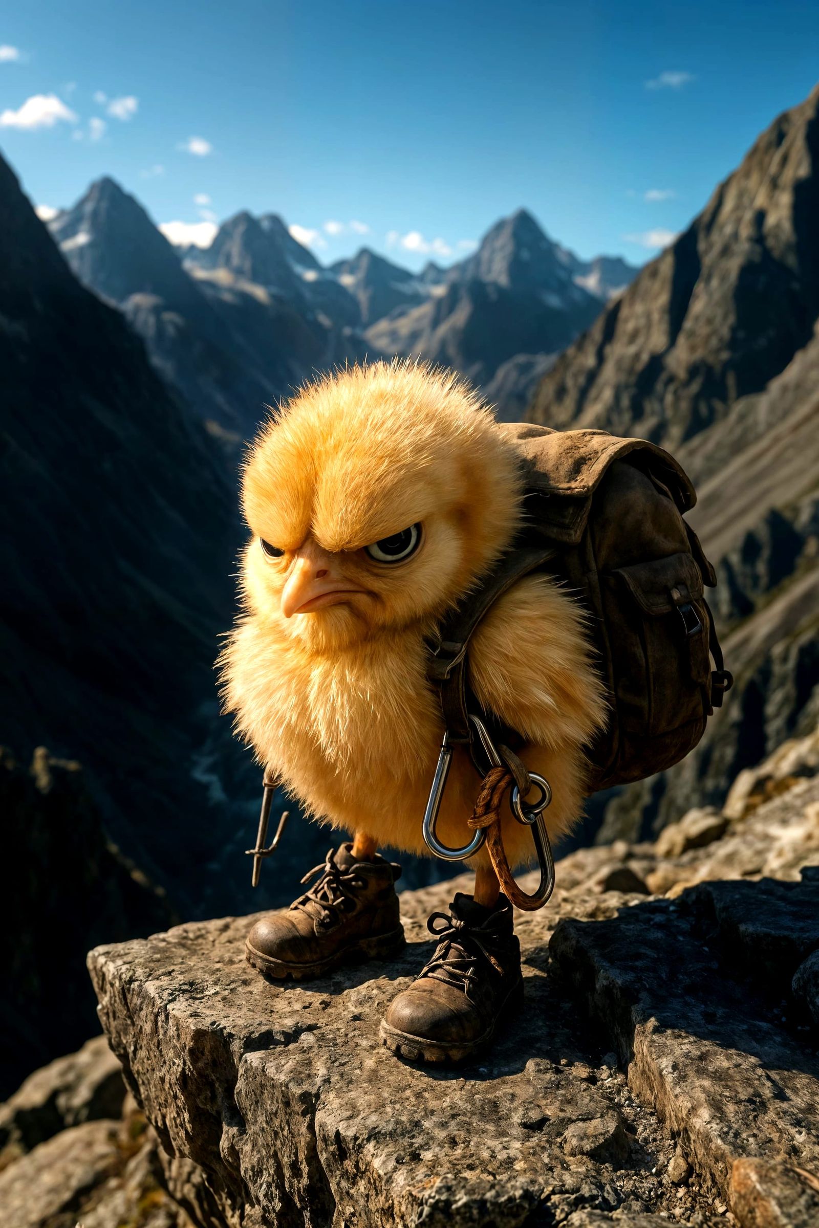 Grumpy Chick Adventurer on Mountain Peak