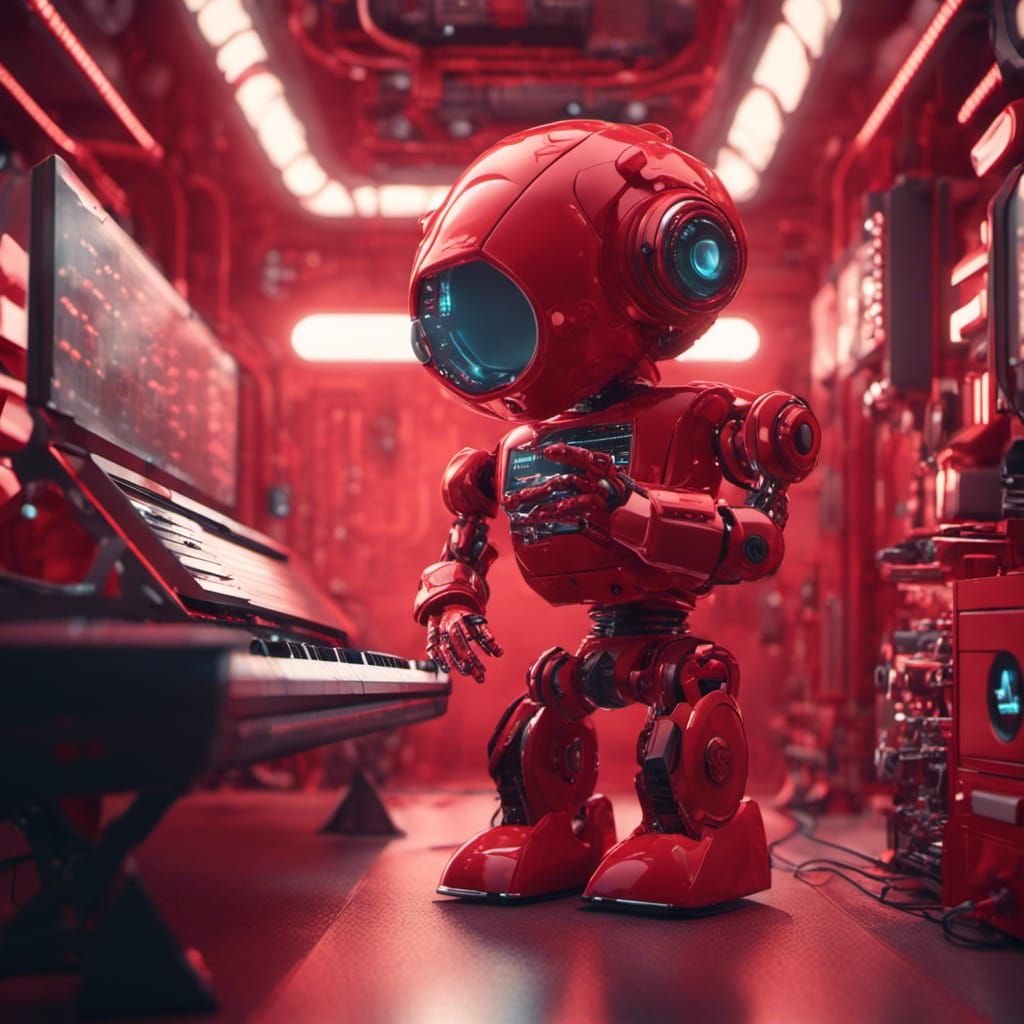 Vintage Red Robot Plays Synth in Red Room