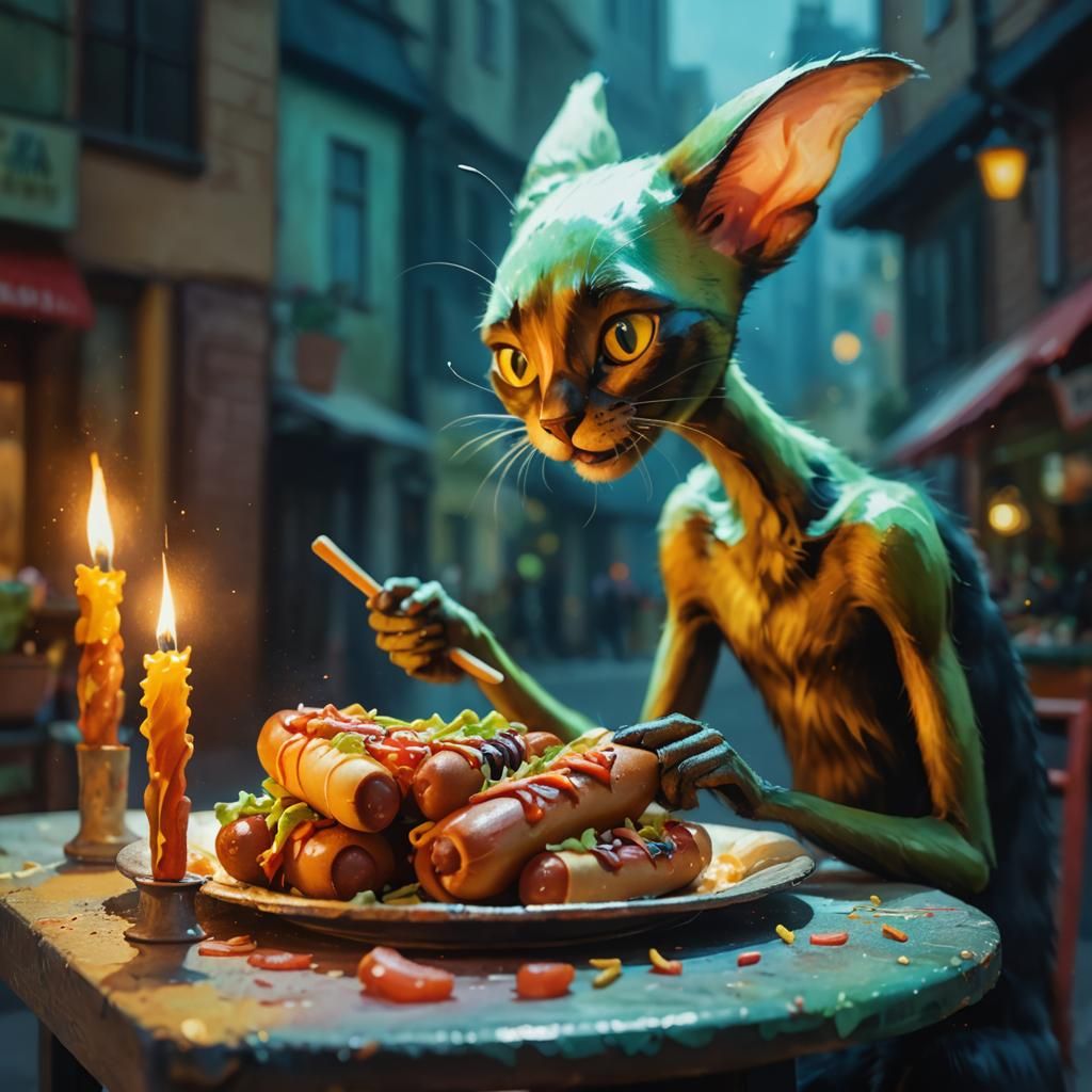 Black Cats Enjoying Hotdogs in Watercolor Painting