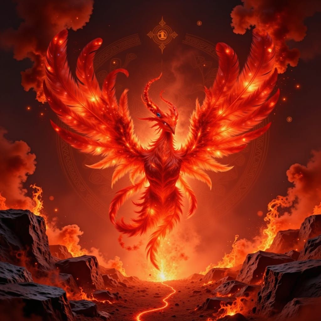 Featherborn Phoenix Amidst Lava Sparks and Magma