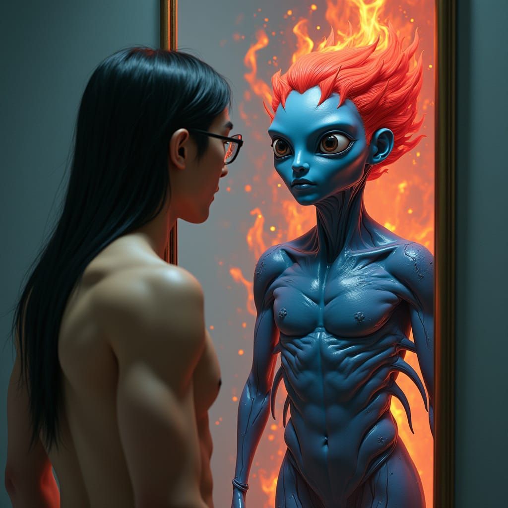Tall Asian Man Unveils Radiant Humanoid Reflection in Futuri...
