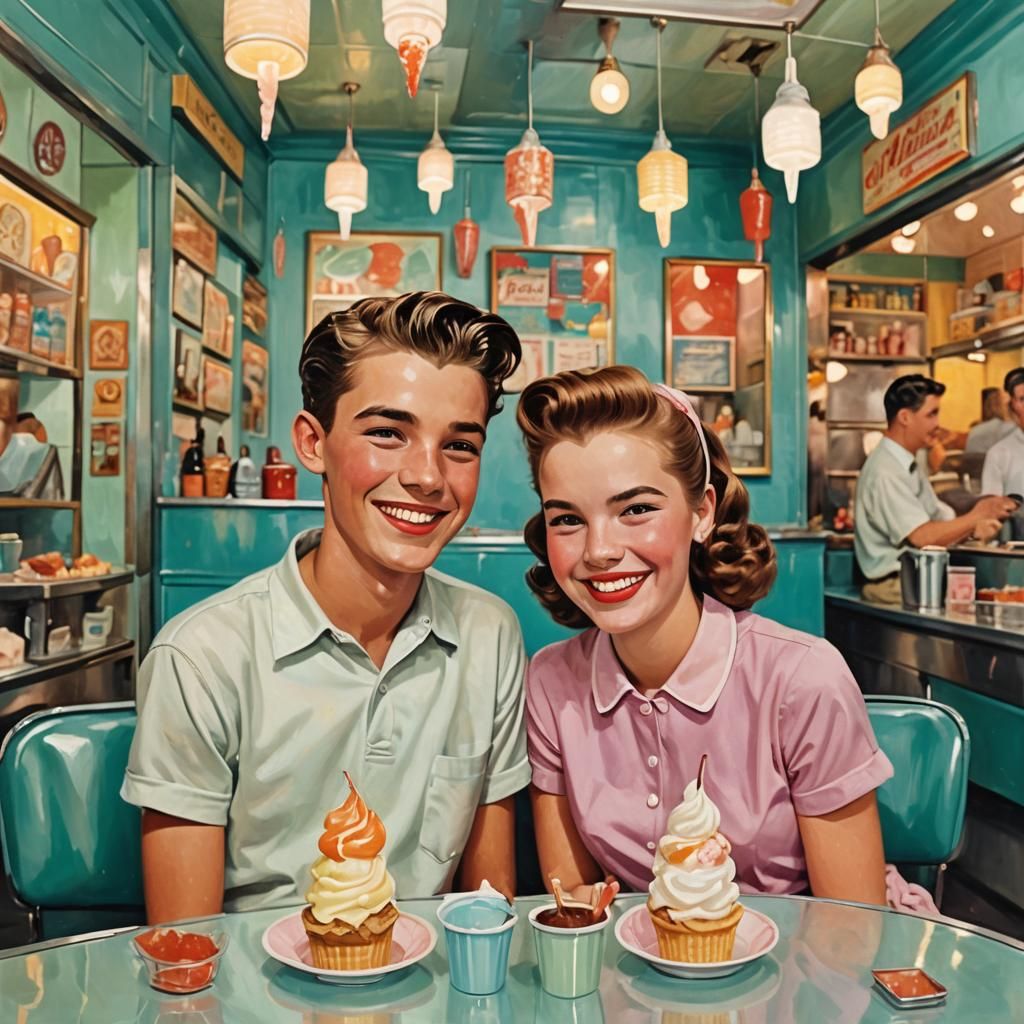 Teenagers in 1950s Ice Cream Parlor, Abstract Art