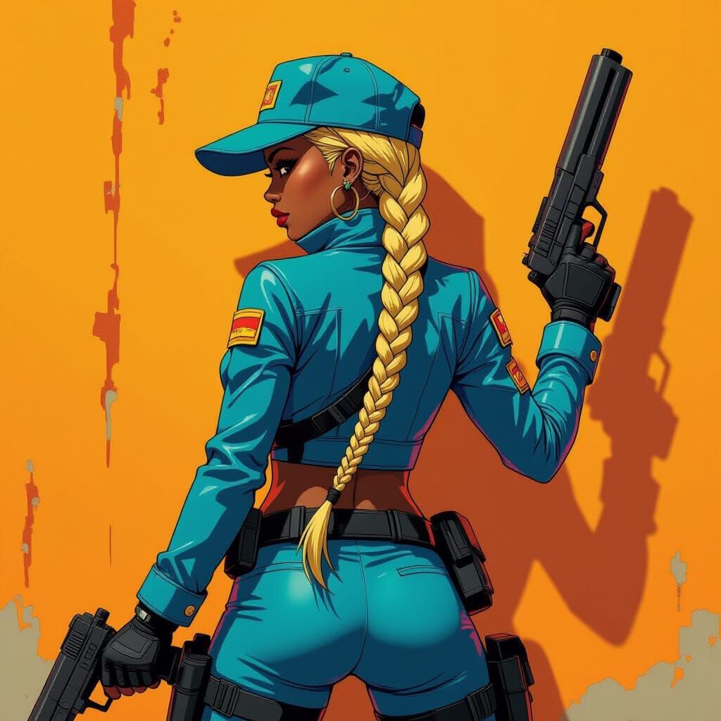 Cyberpunk Warrior Woman with Blonde Braids and Dual Guns
