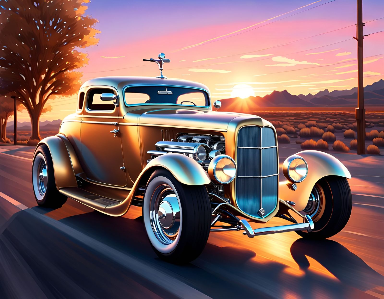 Iridescent Haired Woman Drives Custom Coupe on Route 66