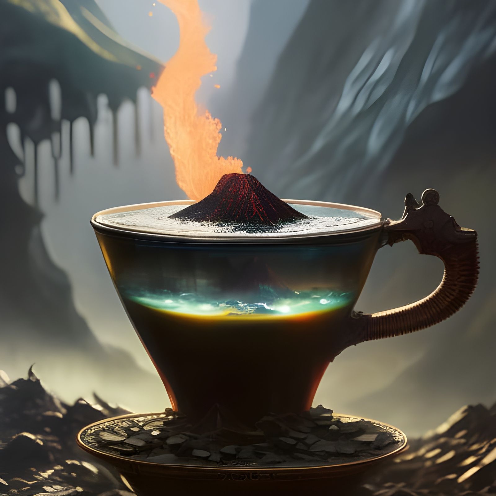 Volcano in Teacup: Hyperdetailed Fantasy Concept Art