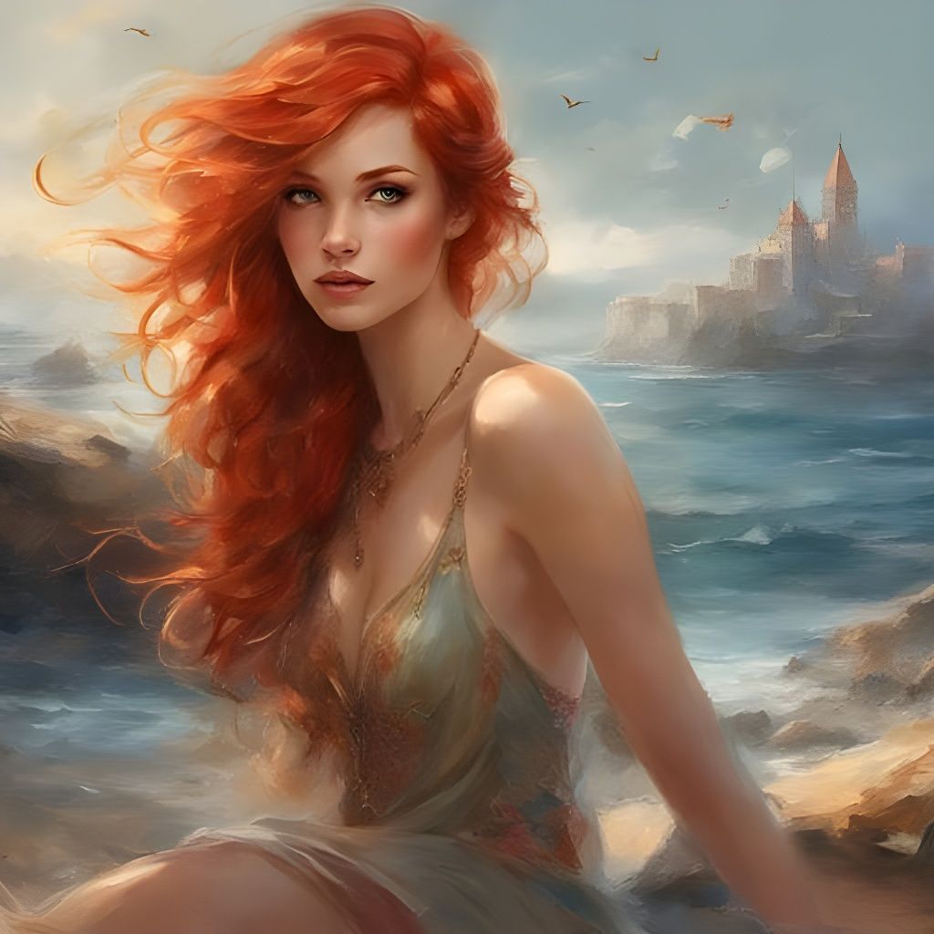 Stunning Redhead Portrait on Beach in Splash Art Style