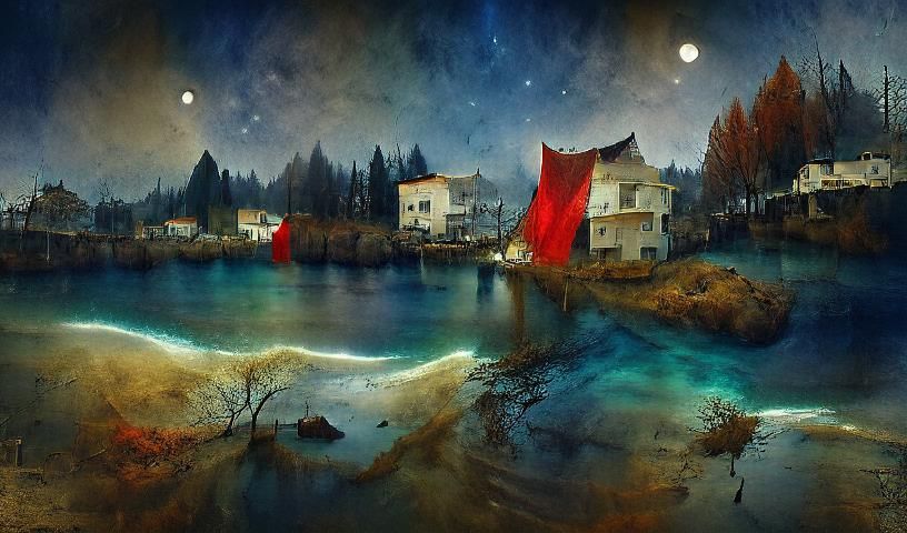 Midnight Seaside Village in Haunting Portrait Style