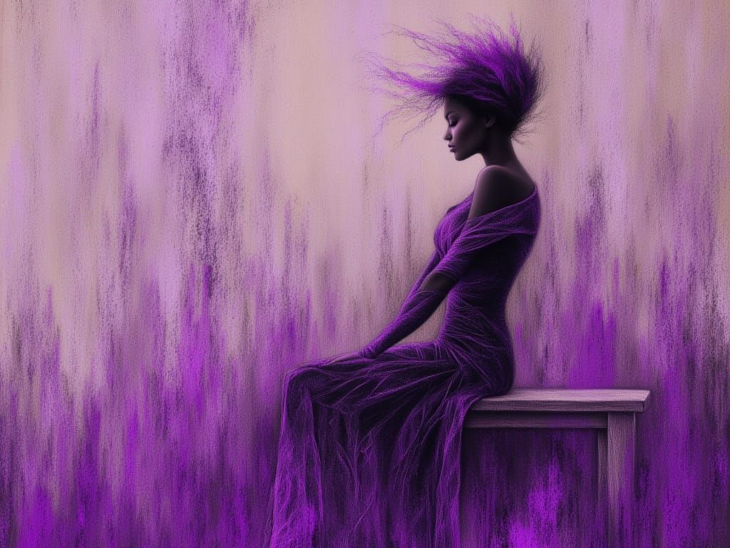Woman Succumbs to Purple Hush in Neon Chalk Style
