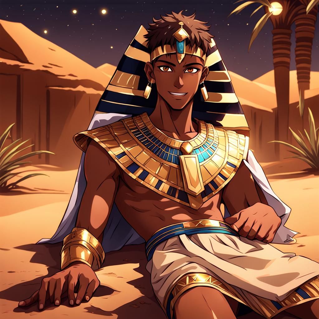 Anime Boy in Egyptian Costume at Oasis