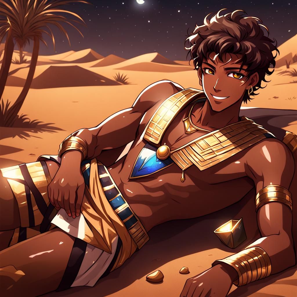Anime Boy in Egyptian Costume in Desert Oasis