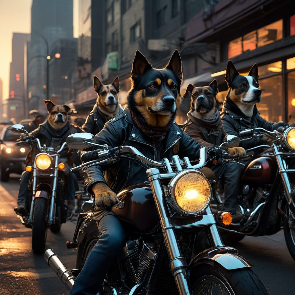 Tough Dogs Ride Chrome Motorcycles Through Sunset City