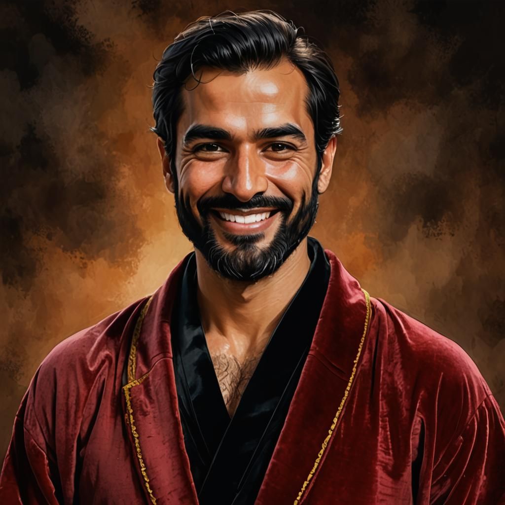 Smiling Man in Red Velvet Bathrobe, Alcohol Ink Portrait