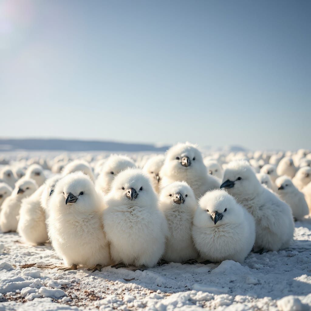 Fluffy Pom-Pom Birds Huddle in Arctic Scene
