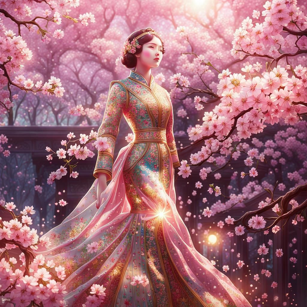 Enameled Glass Woman with Cherry Blossoms in Pastel Pointill...