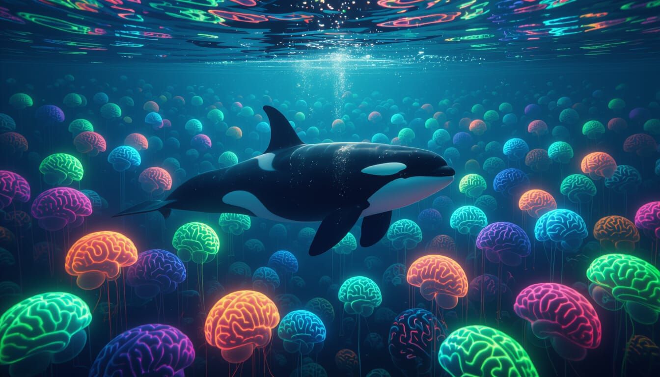 Majestic Orca Glides Through Neon Brains