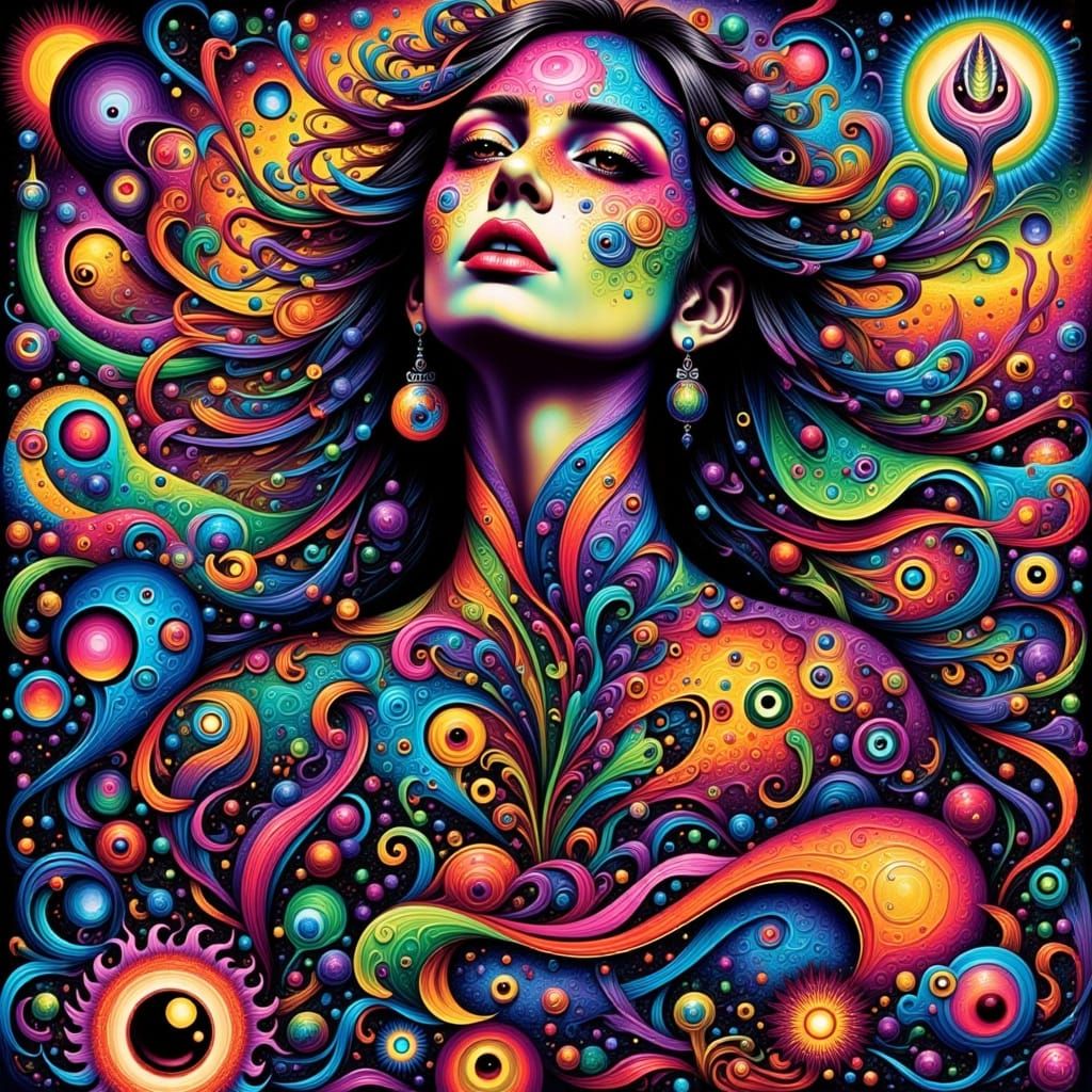 Dreamlike Woman in Surreal Psychedelic Landscape