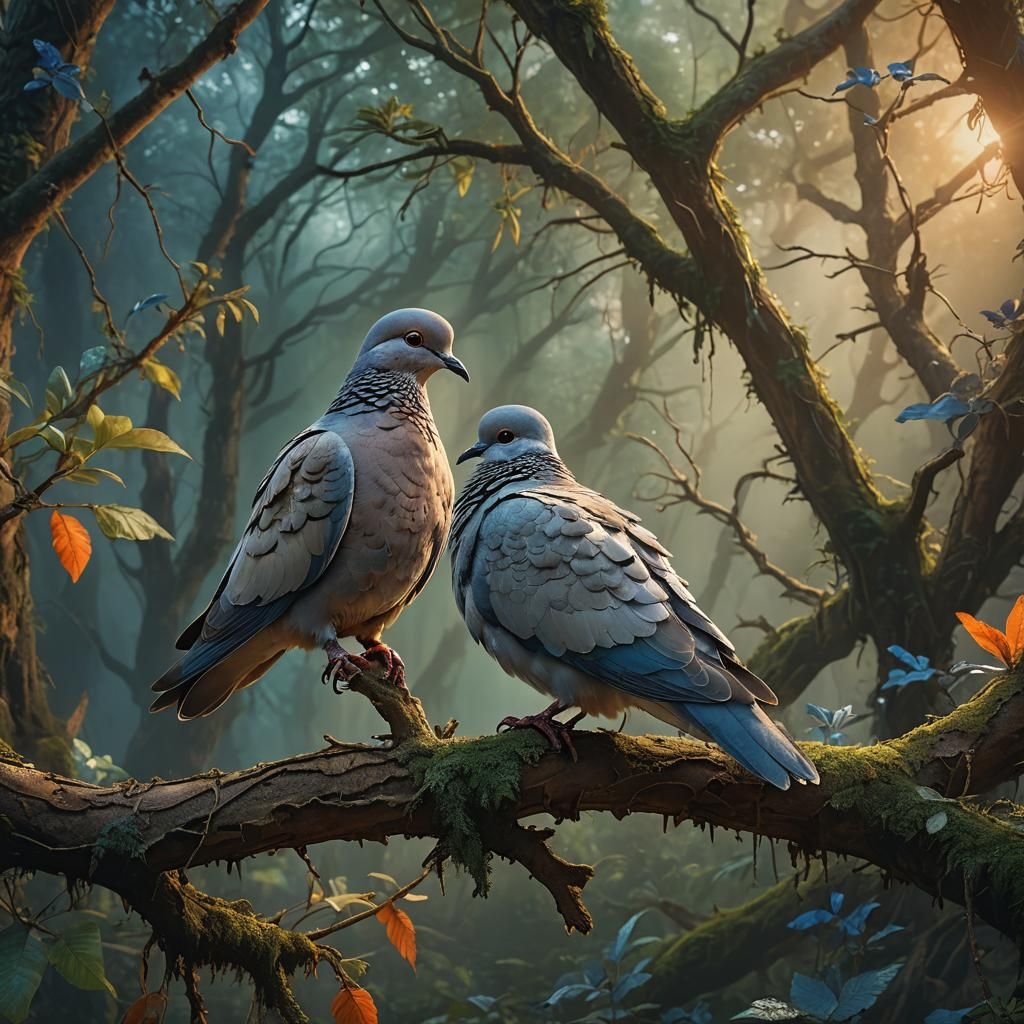 Dove on Branch in Mystical Forest, Art Nouveau Style