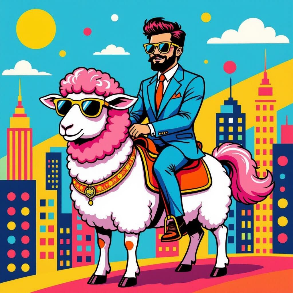 Cartoon Sheep Rides Man in Pop Art Cityscape