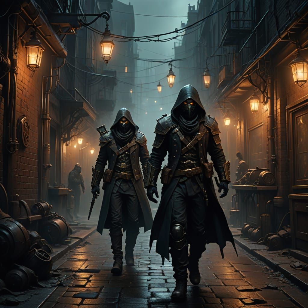 Shadowy Assassins in a Dark Steam Punk Alleyway