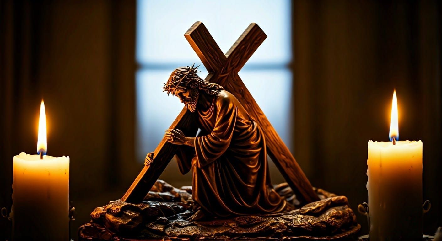 Two half-burned candles, entwined in a gentle spiral, occupy...