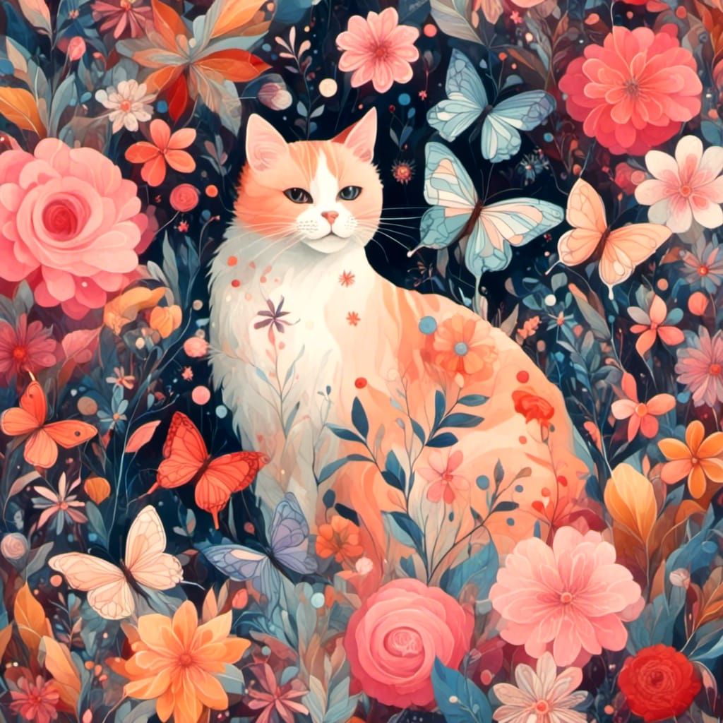 Cat's Whimsical Garden Encounter with Butterflies