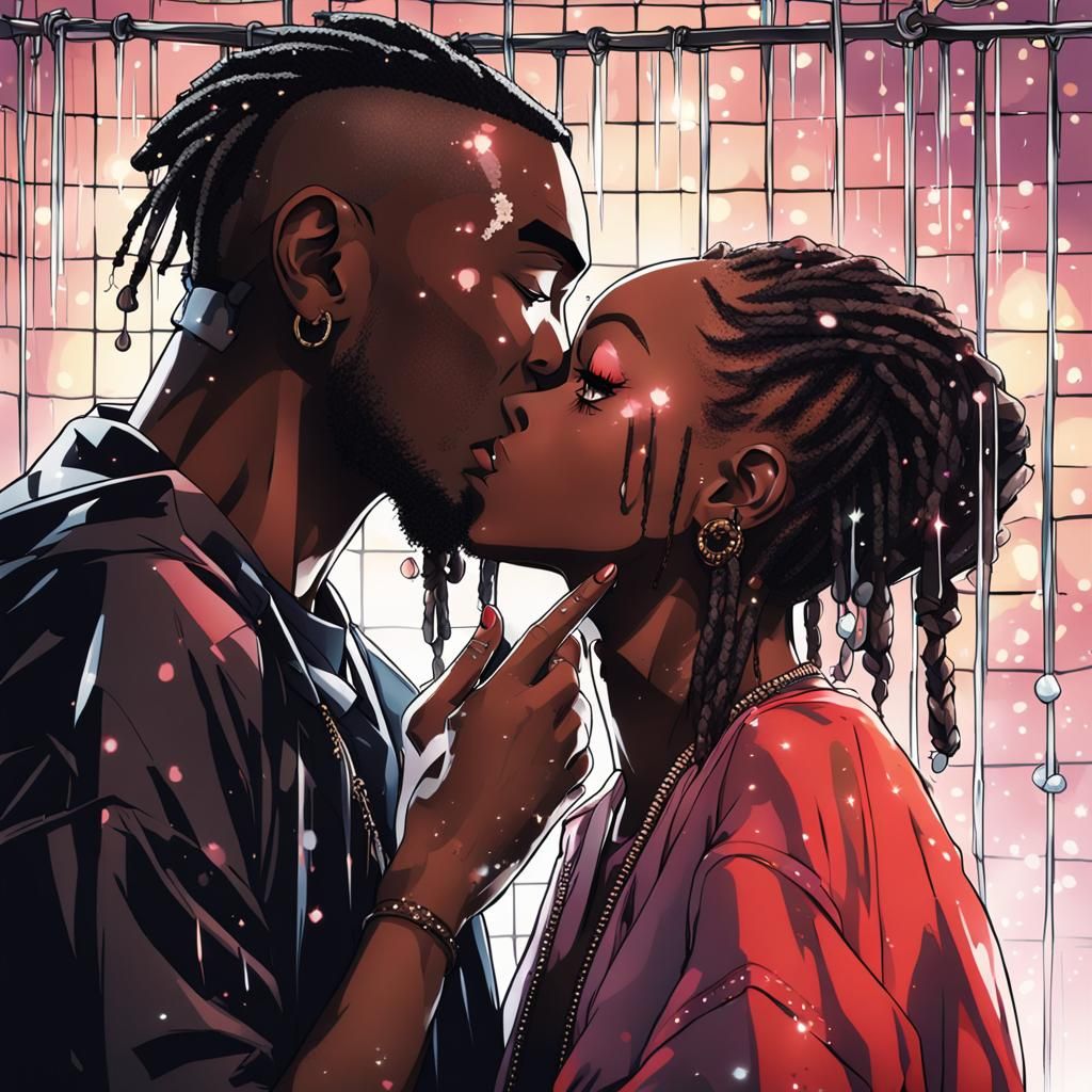 Anime-Style: Young Woman Kissing in Shower