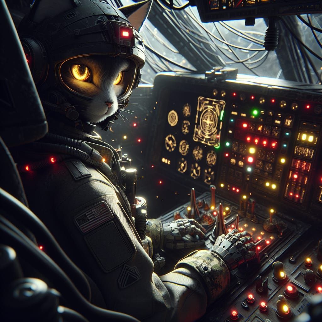 Mecha Cockpit Concept Art: Cat Pilot in Danger