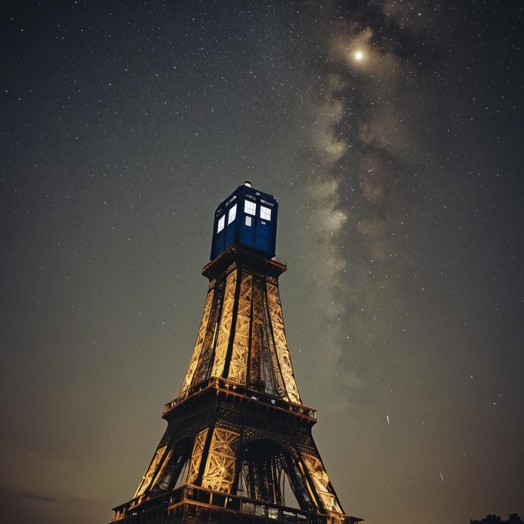 TARDIS Hovers Over Eiffel Tower at Night