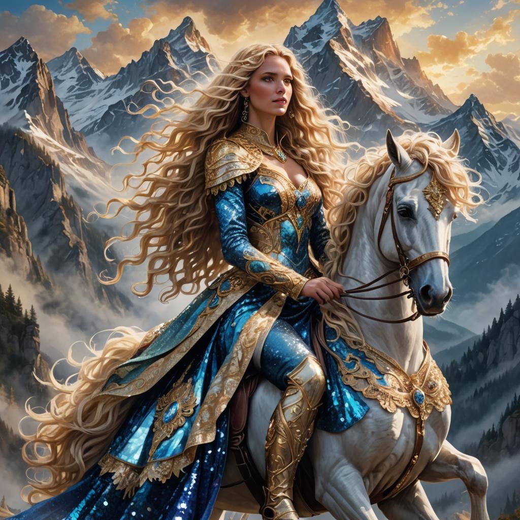 Triumphant Blond Warrior Woman on Horseback
