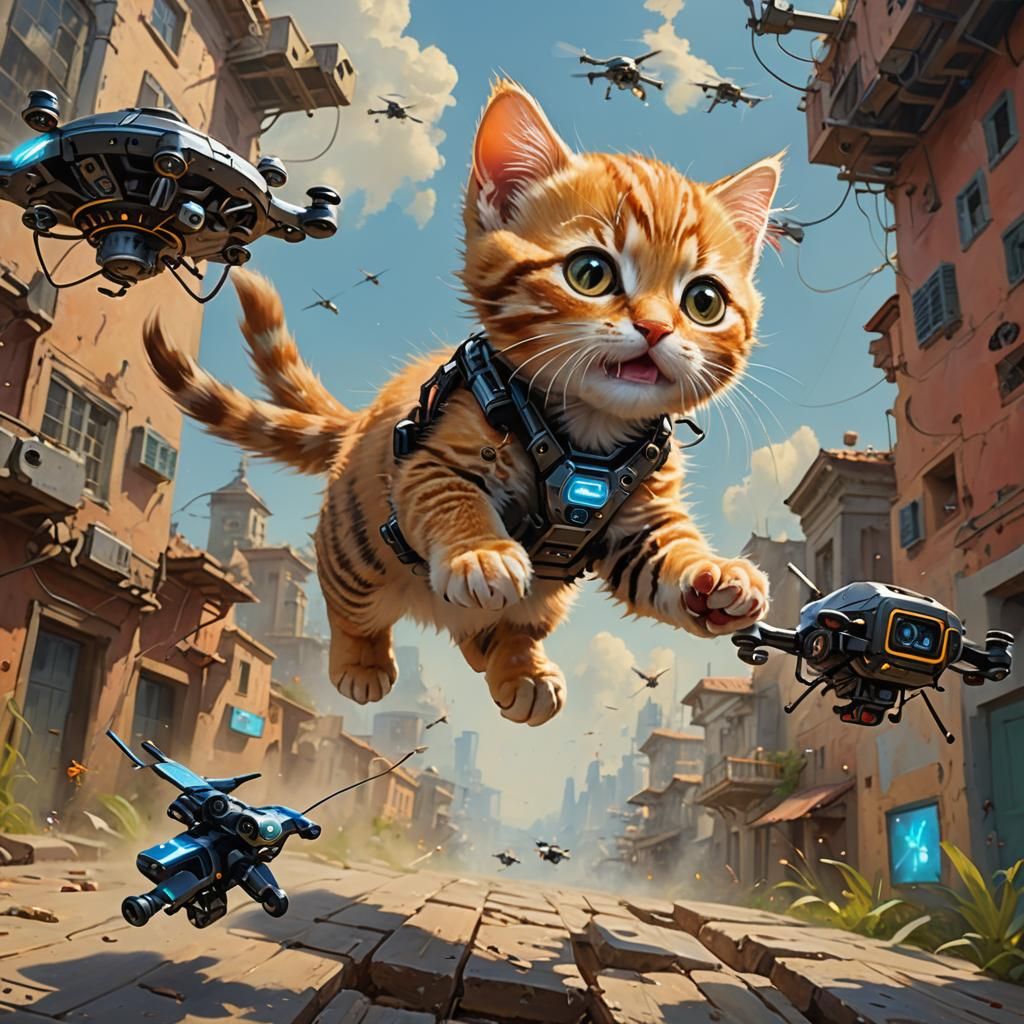 Cyborg Kitten Chasing Drone: Hyperrealistic Oil Painting
