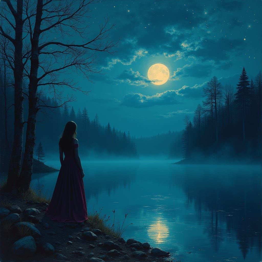 Mystical Night: Woman at the Dark Lake