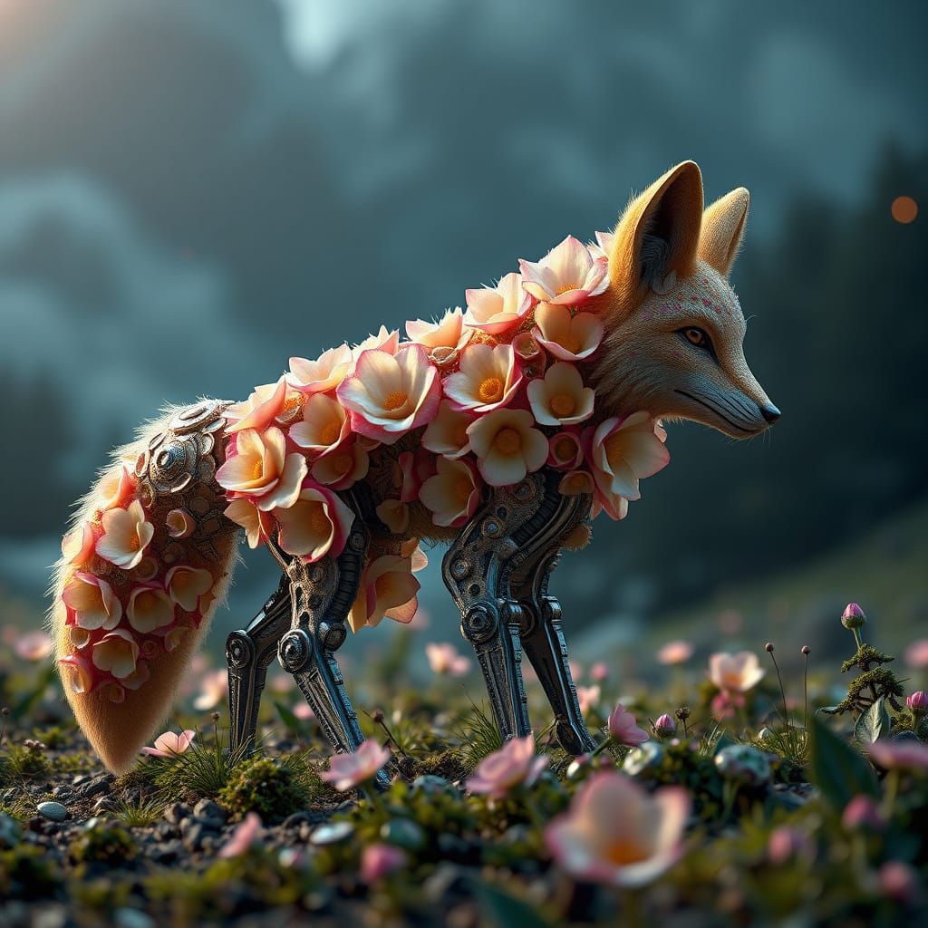 Mechanical Flower Fox in Sci-Fi Landscape