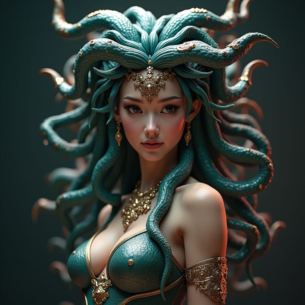 Majestic Medusa with Serpentine Hair in Anime Style