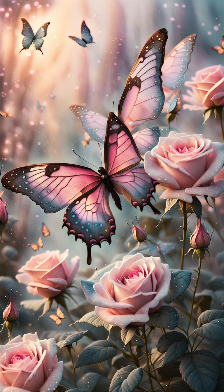 Pink Roses and Butterflies in Ethereal Fantasy Style