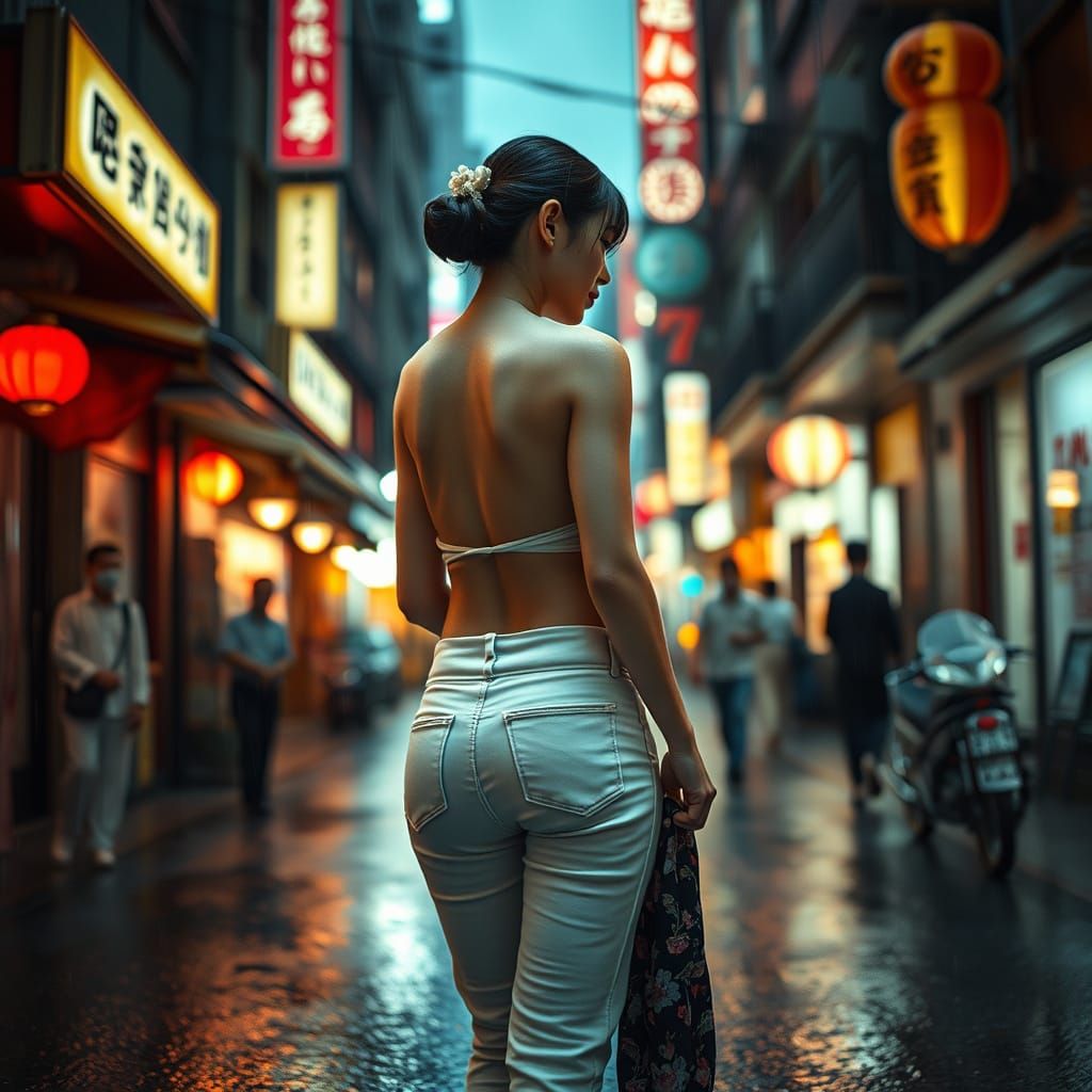 Geisha in Tokyo Street with Neon Lights