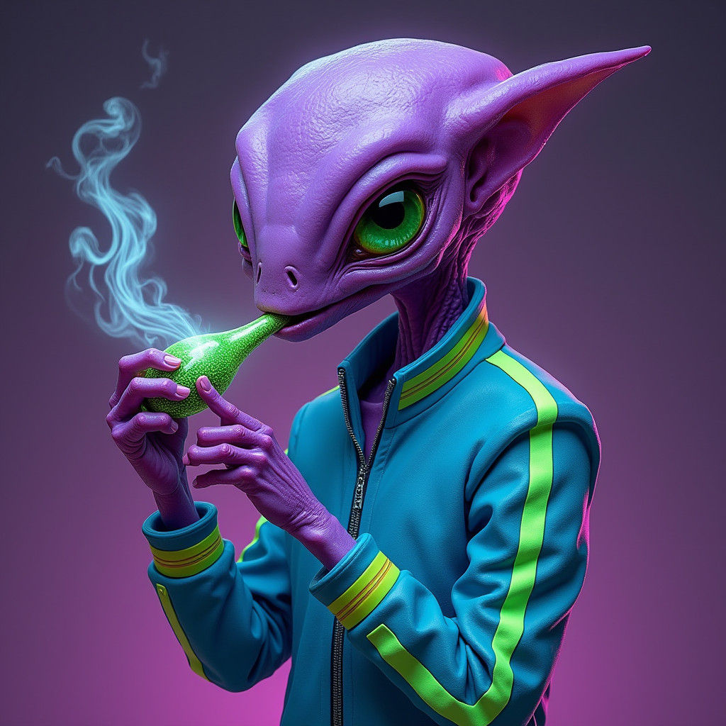 Violet Alien Smoking Joint in Sci-Fi Style