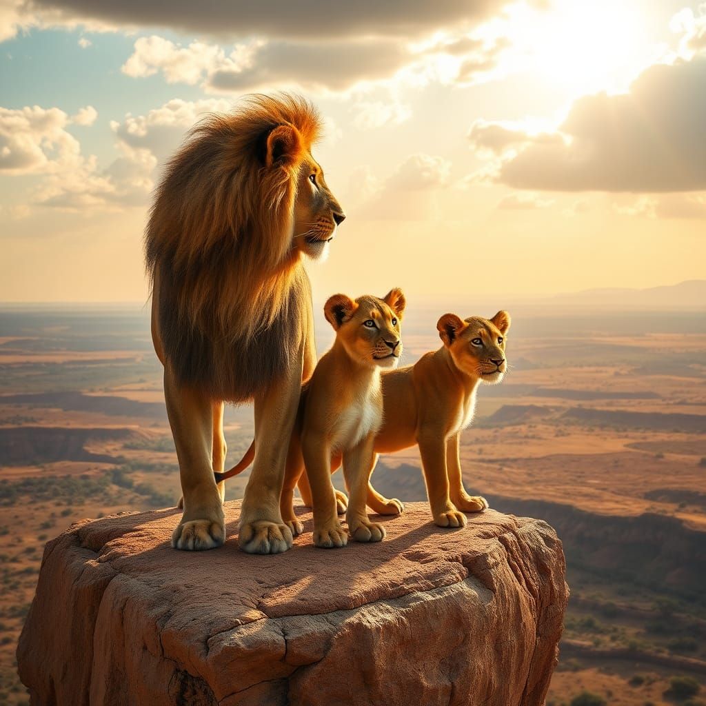 Lion Family Silhouette at Cliff Edge, African Landscape