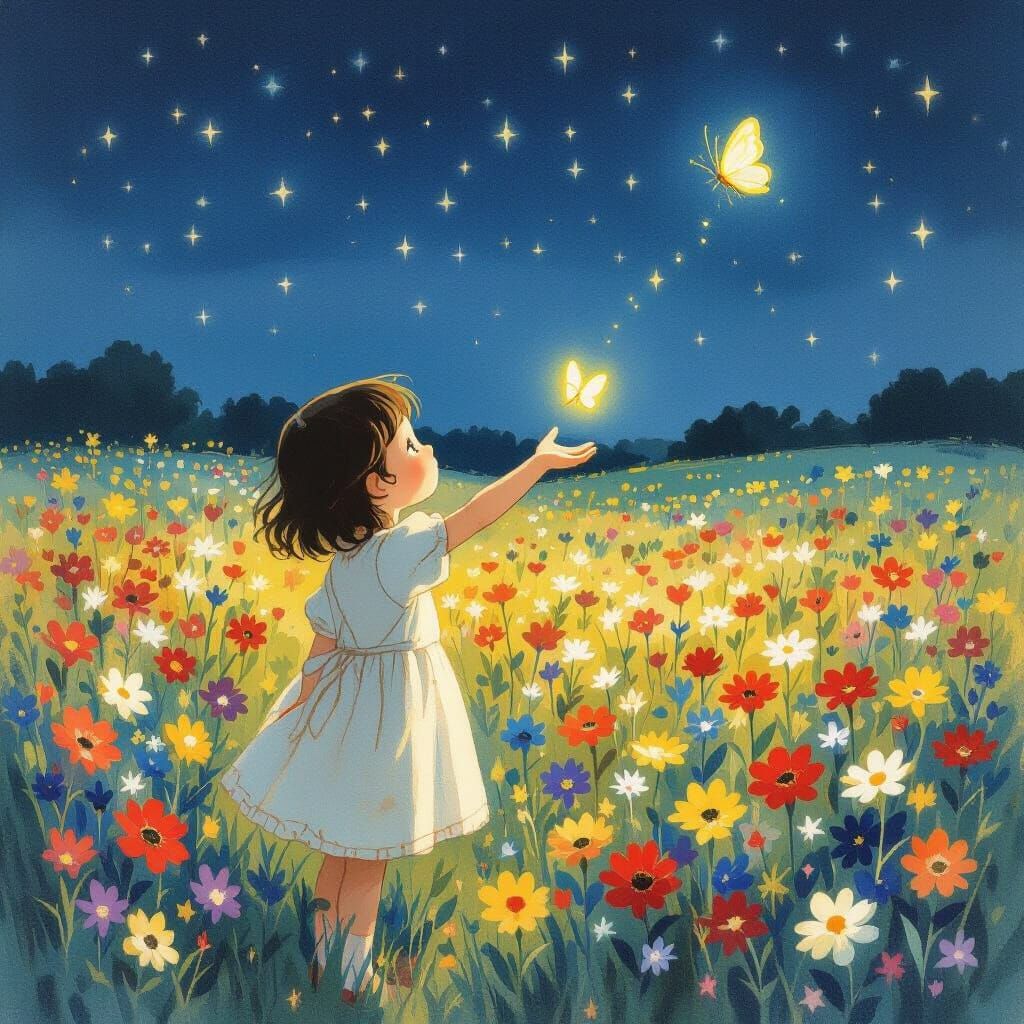 Child Reaching for Butterfly in Starry Flower Field