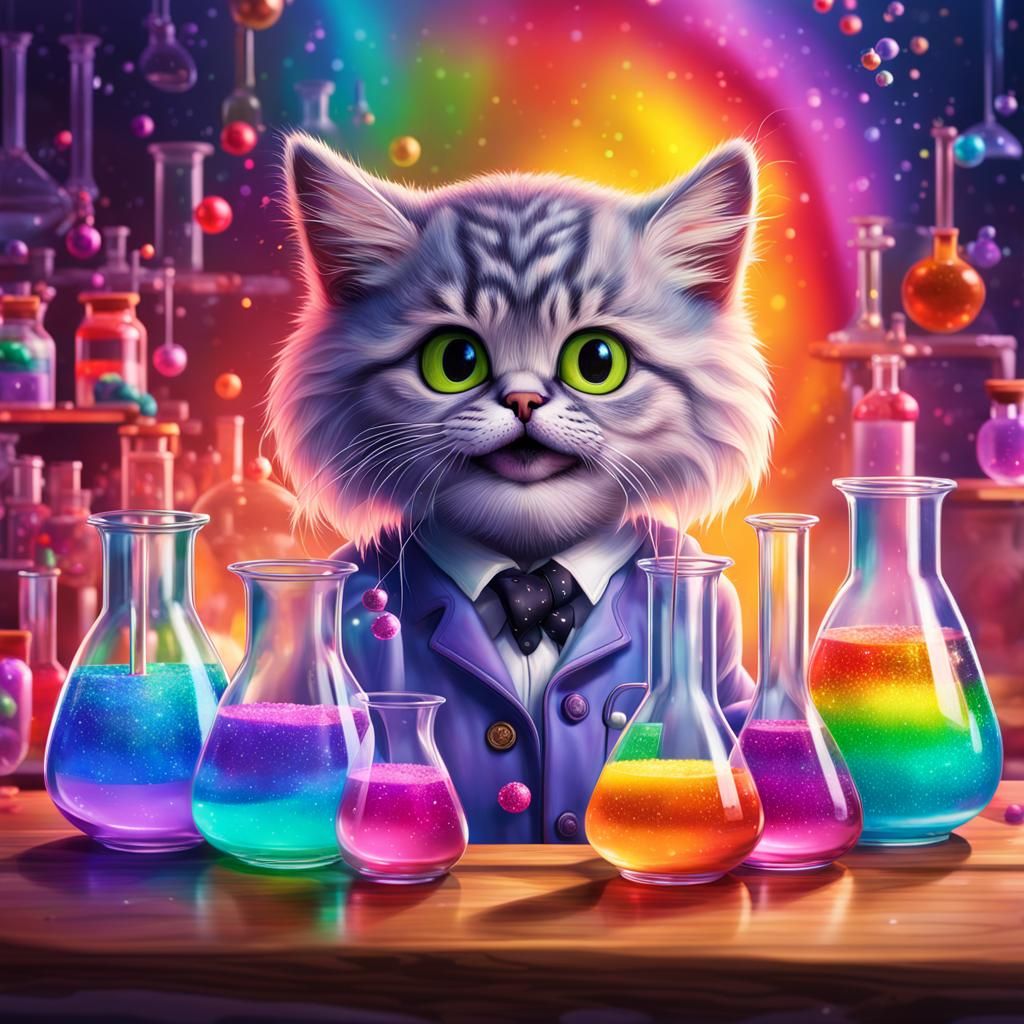 Sparkling Kitten Scientist in Laboratory, Hyperrealistic Art